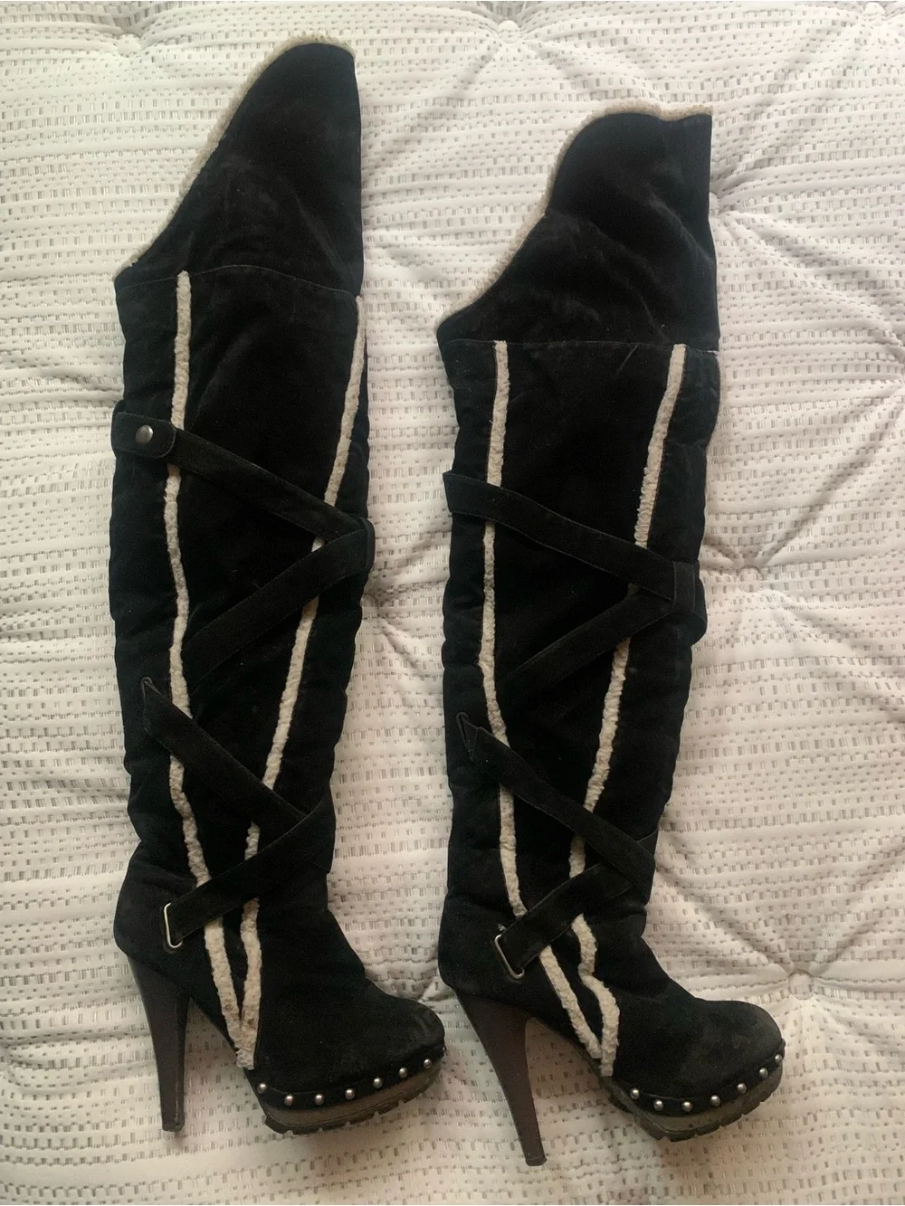 Black Over-the-Knee Suede Boots with Cream Trim and Studded Platform